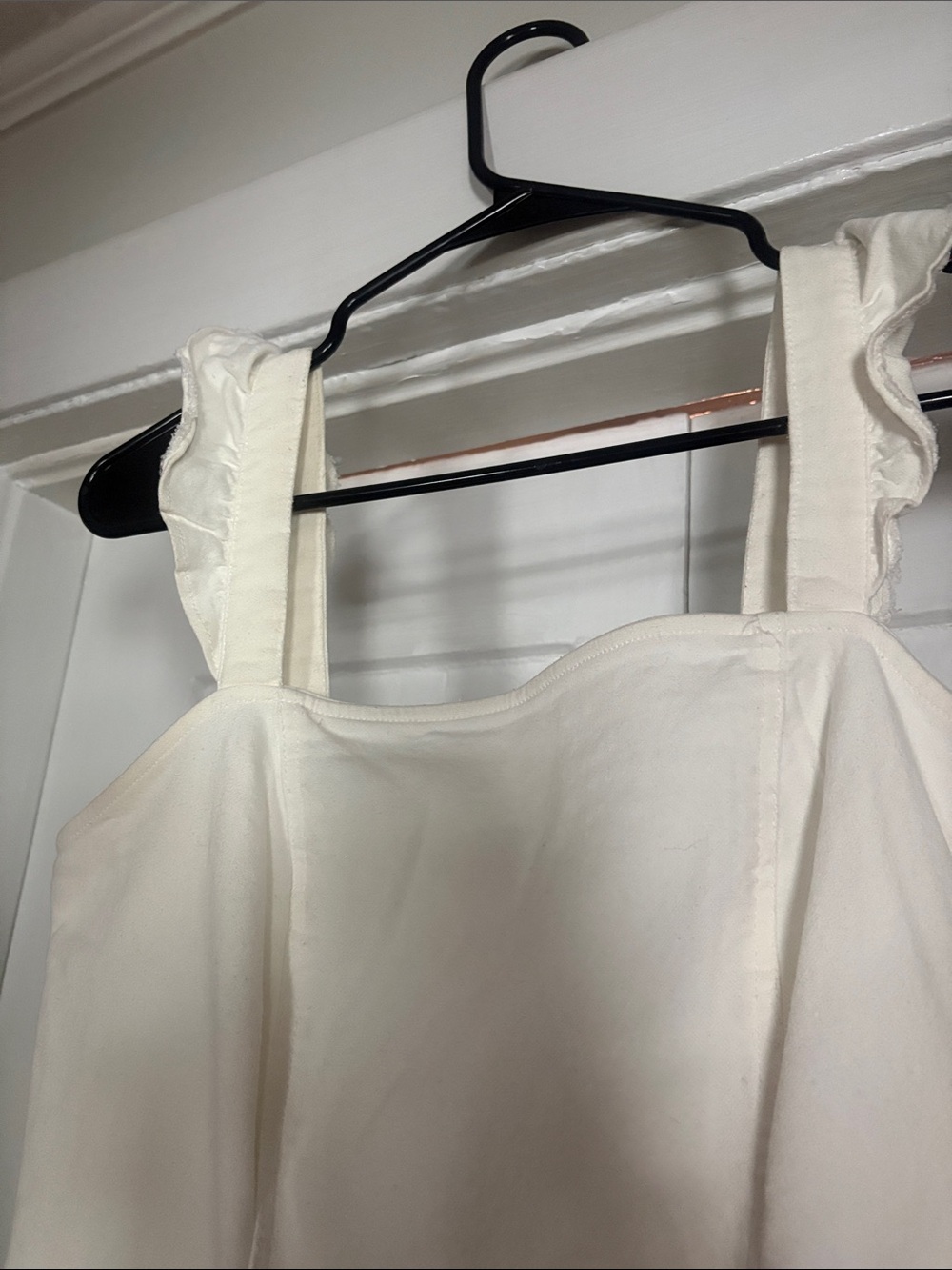 White Denim Ruffle Strap Mini Dress - Picture 2 of 3